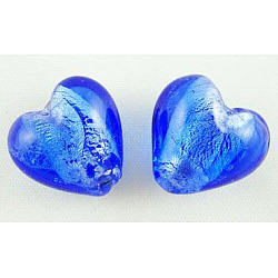 Perles en verre d'argent feuille manuelles, cœur, bleu, environ 12 mm de diamètre, épaisseur de 8mm, Trou: 1~2mm