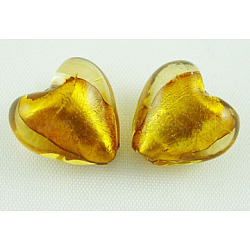 Perles en verre d'argent feuille manuelles, cœur, verge d'or, environ 12 mm de diamètre, épaisseur de 8mm, Trou: 1~2mm