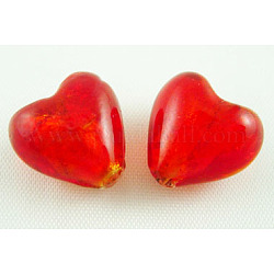 Perles en verre d'argent feuille manuelles, cœur, rouge, environ 15 mm de large, Longueur 15mm, Trou: 1~2mm