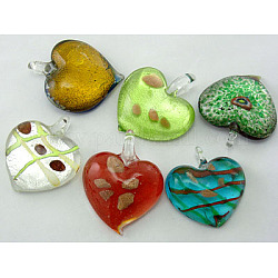 Handmade Silver Foil Glass Pendants, with Gold Sand, Heart, Mixed Color, about 32~36mm wide, 34~43mm long, 9~12mm thick, hole:5~9mm