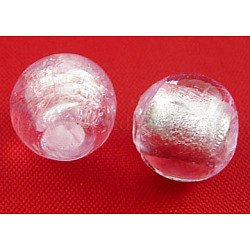 Handmade Silver Foil Glass Beads, Round, Pink, about 10mm in diameter, hole: 1.5~2mm