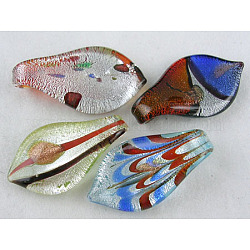 Handmade Silver Foil Glass Pendants, with Gold Sand, Leaf, Mixed Color, about 17mm wide, 32mm long, hole: 6mm