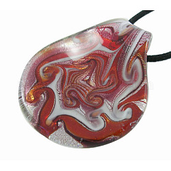 Handmade Silver Foil Glass Big Pendants, Teardrop, Red, about 52mm wide, 61mm long, 8mm thick, 10mm hole,