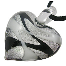 Handmade Silver Foil Glass Pendants, Heart, Black, 46x38mm, Hole: 4.5mm