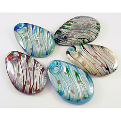 Handmade Silver Foil Glass Big Pendants, with Gold Sand, teardrop, Mixed Color, about 40mm wide, 62mm long, hole: 6mm