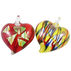 Handmade Silver Foil Glass Pendants, with Gold Sand, Heart, Mixed Color, about 35mm long, 41mm wide, hole:5mm