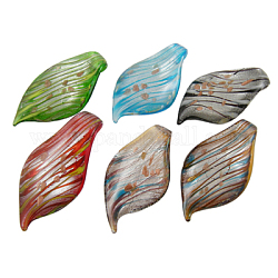 Handmade Silver Foil Glass Large Pendants, with Gold Sand, Leaf, Mixed Color, about 35mm wide, 70mm long, 9mm thick, hole: about 5mm