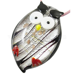 Handmade Silver Foil Glass Pendants for Halloween, with Gold Sand, Owl, Black, about 30~32mm wide, 49~53mm long, 7.5mm thick, hole: 6.5mm