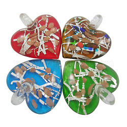 Handmade Silver Foil Glass Pendants, with Gold Sand, Heart, Mixed Color, about 40mm wide, 44mm long, hole: 5mm