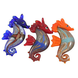 Handmade Silver Foil Glass Big Pendants, with Gold Sand, Sea Horse, Mixed Color, about 32mm wide, 70mm long, hole: 5mm