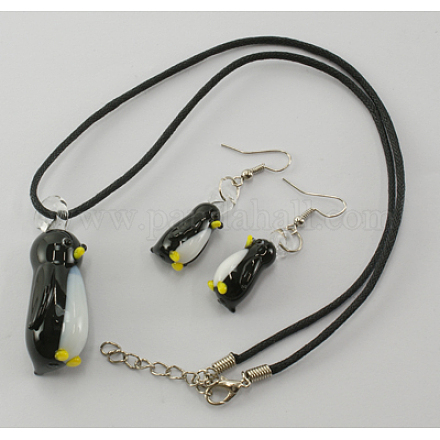手作りランプワークのアクセサリーセット  ペンギン  ブラック  ネックレス：長さ約17インチ  ピアス：48~49×長 SLNE052-2-1