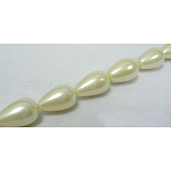 Shell Pearl Beads Strands, Polished, Grade A, Linen, teardrop, about 12mm wide, 15mm long, hole: about 1mm, about 25pcs/strand