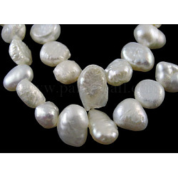 Grade B Natural Cultured Freshwater Pearl Beads Strands, Two sides Polished, Oval, Natural Color, White, about 9~10mm in diameter, hole: 0.8mm. 14.1inch/strand, about 42pcs/strand