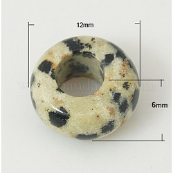 Perles européennes de pierres précieuses, dalmatien naturel jaspe, Perles avec un grand trou   , rondelle, beige / noir, 12x6mm, Trou: 5mm