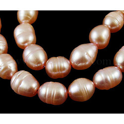 Grade B Natural Cultured Freshwater Pearl Beads Strands, Polished, Rice, Natural Color, DarkPeachPuff, bead: 9~10mm wide, 10~11.5mm long, hole: 0.8mm, 14.1inch/strand, about 34pcs/strand