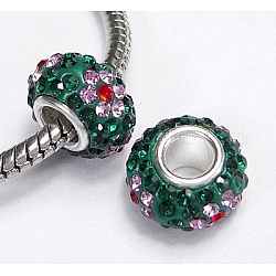 Österreichische Kristall europäischen Perlen, Großloch perlen, mit Sterlingsilberkern, Rondell, grün / pink, Größe: ca. 11mm Durchmesser, 7.5 mm dick, Bohrung: 4.5 mm