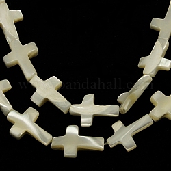 Chapelets de perles en coquillage naturel, croix, blanc, 17~19x13~15x4mm, Trou: 1mm, Environ 21~23 pcs/chapelet, 16 pouce / brin