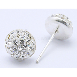 Austrian Crystal Ear Studs, with 925 Sterling Silver Findings, Half Round, 001_Crystal, 9mm, Pin: 0.8mm