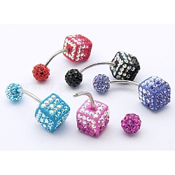 Austrian Crystal Belly Rings, with 316 Stainless Steel and Polymer Clay, Cube, Mixed Color, Size: Length: about 26mm long