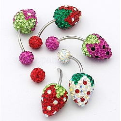 Austrian Crystal Belly Rings, with 316 Stainless Steel and Polymer Clay, Starwberry, Mixed Color, Size: Length: about 29mm long