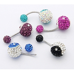 Austrian Crystal Belly Rings, with 316 Stainless Steel and Polymer Clay, Round, Mixed Color, Size: Length: about 27mm long