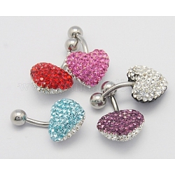 Austrian Crystal Belly Rings, Mother's Day Gifts Making, with Stainless Steel and Polymer Clay, Heart, Mixed Color, Length: about 26mm long