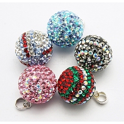 Austrian Crystal Charms, with Polymer Clay and 925 Sterling Silver Findings, Round, Mixed Color, Size: about 14mm wide, 22mm long, hole: 3mm
