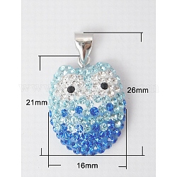 Austrian Crystal Pendants, with 925 Sterling Silver Pendant Bails, Owl, Colorful, Size: about 16mm wide, 21mm long, 6.5mm thick, hole: 4x3mm