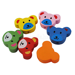 Printed Mixed Color Wood Beads, Lovely Animal Beads, Gifts Ideas For Children's Day, Bear, Lead Free, Dyed, 15mm long, 20mm wide, 6mm thick, hole: 2.5mm, about 1200pcs/1000g