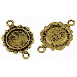 Tibetischer Stil Verbinder Lünette Fassungen für Cabochon , cadmiumfrei und bleifrei, Antik Golden, flache runde Schale: 9.5 mm, 23x15x2 mm, Bohrung: 2 mm