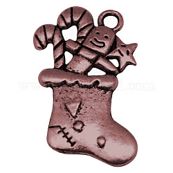 Tibetan Style Pendants, Lovely Christmas Stockings Charms, Nice for Holiday Jewelry Making, Lead Free & Cadmium Free & Nickel Free, Red Copper, about 29mm long, 19mm wide, 3mm thick, hole: 3mm