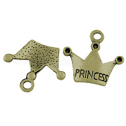 Tibetan Style Pendant Rhinestone Settings, Crown, Lead Free and Cadmium Free, with Word Princess, Antique Bronze, 19x17mm, Hole: 2mm