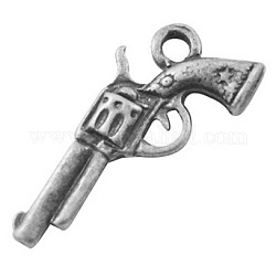 De aleación de zinc colgantes collar pistola, charm pistola revólver, sin plomo y cadmio, plata antigua, 24x11x3mm, agujero: 2 mm