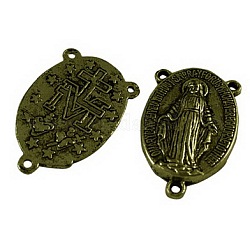 Holy Oval Carved Virgin Mary Tibetan Style Alloy Chandelier Component Links, 3 Loop Connectors, Rosary Center Pieces, Antique Bronze, Lead Free & Cadmium Free, 23x14.5x3mm, Hole: 1mm, about 470pcs/kg