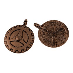 Tibetan Style Steampunk Gear Pendants, Lead Free and Cadmium Free, Flat Round, Red Copper, 43x35x4mm, Hole: 4mm