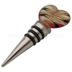 Handmade Lampwork Bottle Stoppers, Alloy Base, Heart, Chocolate, about 110mm long, 45mm wide