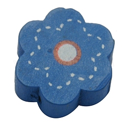 Printed Lovely Flower Natural Wood Beads, Children's Day Gift Ideas, Dyed, Lead Free, Blue, Size: about 15mm in diameter, 5.5mm thick, hole: 2mm
