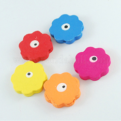 Natural Wood Beads, Lead Free, Fancy Drawing Style, Flower, Dyed, Mixed Color, 22x22x5mm, Hole: 2mm, about 580pcs/500g