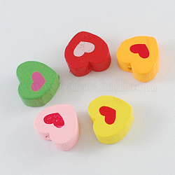 Printed Natural Wood Beads, Heart, Dyed, Mixed Color, 12x11x5mm, Hole: 2mm