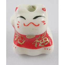 Ornamental hecha a mano de abalorios de porcelana de oro, gato encantador, blanco, 14 mm de ancho, 17 mm de largo, agujero: 2 mm
