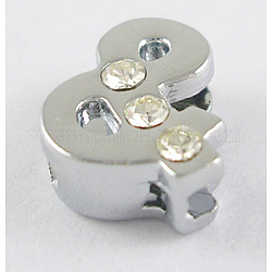 Alloy Slide Charms, Nickel Free, with  5 clear rhinestone beads, Platinum, about 10mm long, 10mm wide, 4mm thick, hole: about 8x1.5mm