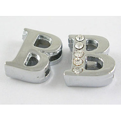 Alloy Initial Slide Beads, Rhinestone Slide Charms, with Five Clear Rhinestone Beads, Lead Free & Nickel Free, Platinum Color, Letter.B, 11x10x4.5mm, Hole: 1.5x8mm