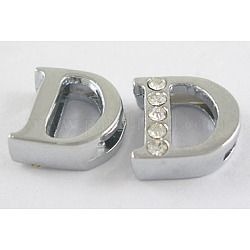 Alloy Initial Slide Beads, Rhinestone Slide Charms, with Five Clear Rhinestone Beads, Lead Free & Nickel Free, Platinum Color, Letter.D, 11x10x4.5mm, Hole: 1.5x8mm