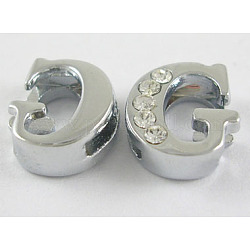 Alloy Initial Slide Beads, Rhinestone Slide Charms, with Five Clear Rhinestone Beads, Lead Free & Nickel Free, Platinum Color, Letter.G, 11x10x4.5mm, Hole: 1.5x8mm