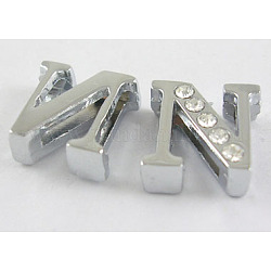 Alloy Initial Slide Beads, Rhinestone Slide Charms, with Five Clear Rhinestone Beads, Lead Free & Nickel Free, Platinum Color, Letter.N, 11x10x4.5mm, Hole: 1.5x8mm