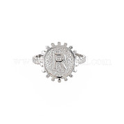304 anillo redondo plano de acero inoxidable con letra inicial abierta para hombres y mujeres RJEW-S405-246P-R