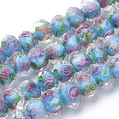 Fili di perline murano con sabbia oro fatto a mano, fiore interno, rondelle sfaccettato, cielo blu profondo, 8x6mm, Foro: 1 mm, circa 70pcs/filo, 17.3 pollice