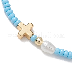7 шт. эластичный браслет из стеклянного бисера с латунным крестиком и искусственным жемчугом&nbsp;BJEW-MZ00299