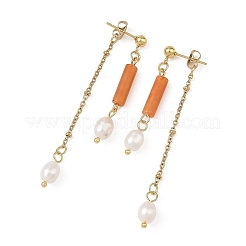 304ステンレススチールスタッドピアス  コラム  天然レッドアベンチュリンと天然パールを使用した女性用ドロップピアス  ゴールドカラー  63x4.5mm&nbsp;EJEW-JE07386-02