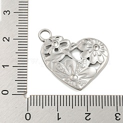 変色しない304ステンレススチールペンダント  花とトンボのチャームが付いたハート  ステンレス鋼色  20x25x2.5mm  穴：3mm&nbsp;STAS-L080-022P